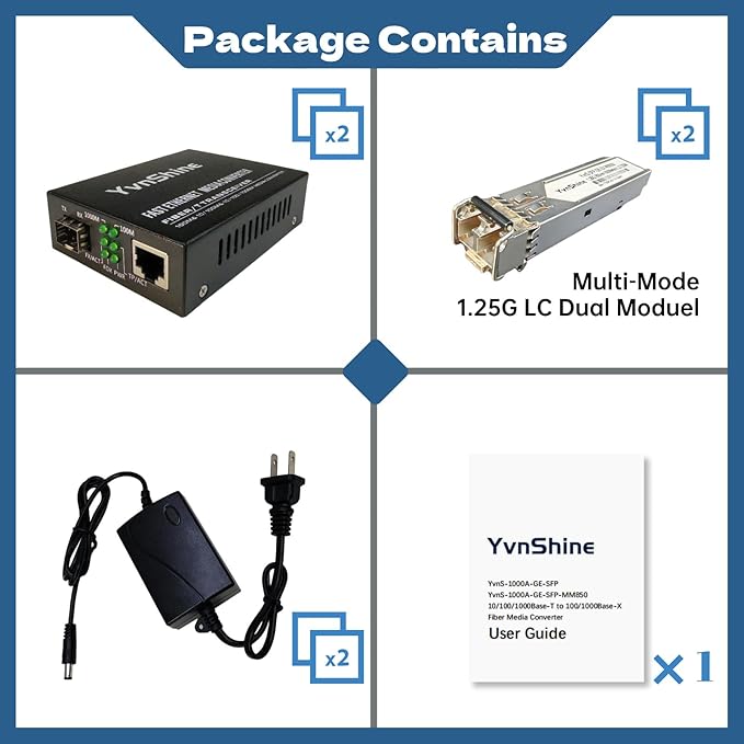 2 Pack Fiber Ethernet Media Converter, Gigabit SFP to RJ45 Converter Includes 2 Pcs 1.25G Multi-Mode SFP Transceiver, Fiber to Ethernet with 1000BASE-SX SFP to LC Module (MMF,850nm, Up to 550 Meters)