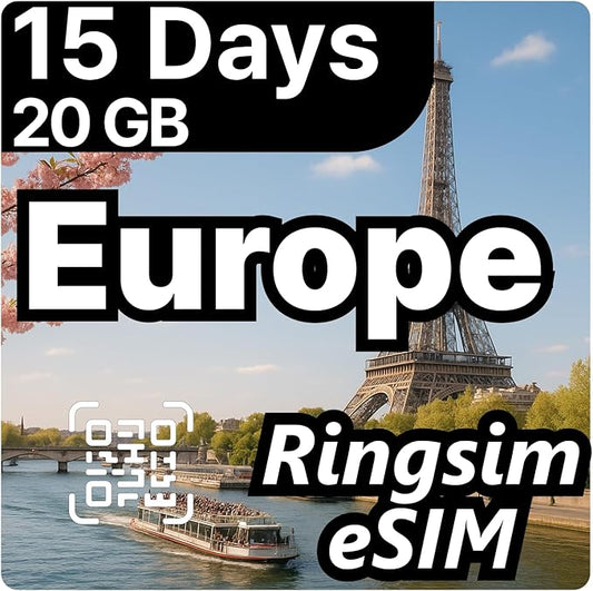 [eSIM] Europe eSIM | 15DAYS 20GB | UK, France, Italy, Spain, Germany | 5G, 4G/LTE, Tethering, Hotspot | eSIM with Instant Activation in 10 Minutes | Travel eSIM by Ringsim