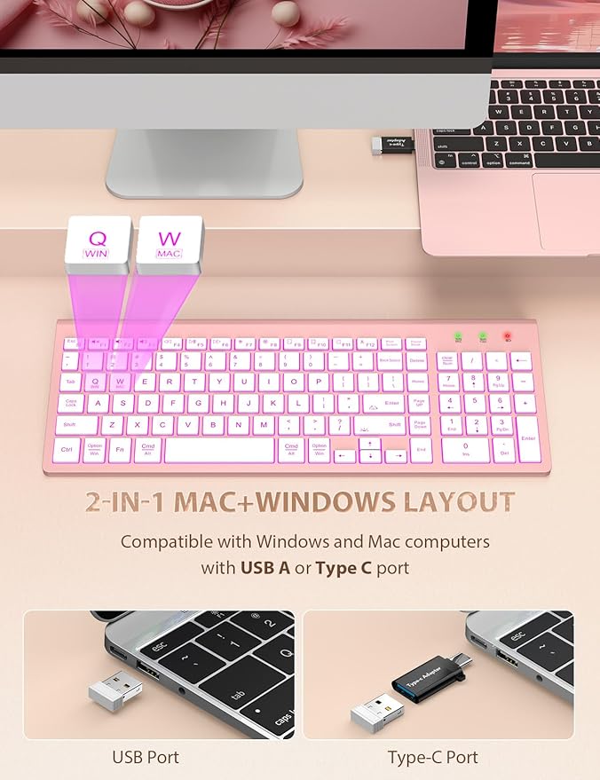 SABLUTE Wireless Keyboard and Mouse Combo Backlit - Compact Quiet Keyboard with RGB Mouse, Rechargeable, Slim, Sleep Mode, Portable Cordless Keyboard Mouse Set for Mac, Windows, Laptop, PC (Rose Gold)