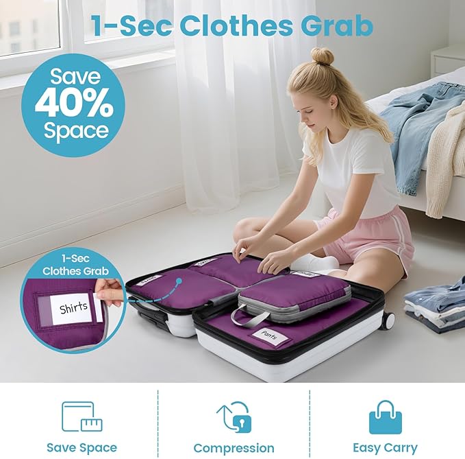 Cambond Compression Packing Cubes for Travel Women - Travel Bags Luggage Organizers Travel Essentials Compression Cubes for Travel Carry on Suitcases Organizer