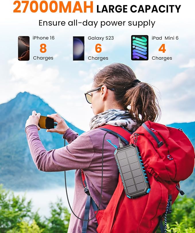 Riapow Solar Charger Power Bank - 27000mAh/99000mWh Wireless Portable Charger Built in 2 Cables - 22.5W Fast Charging Battery Bank with USB C - PD QC External Battery Pack for Phone Flashlight Outdoor