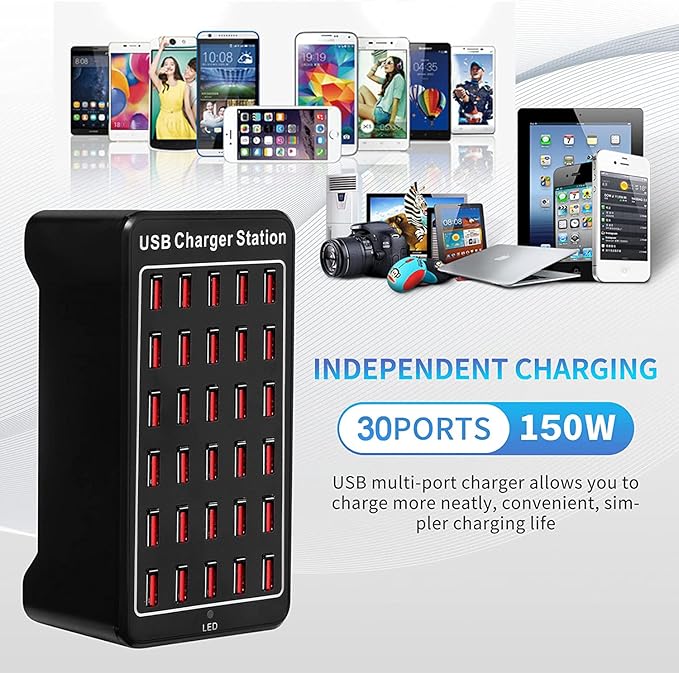 30 Port USB Charger, 150W/30A USB Smart Charger, 30-in-1 Desktop Charging hub, Multi-Port USB Charging Station for Samsung/iPhone/iPad/Google Pixel/Tablets and Other USB Electronics