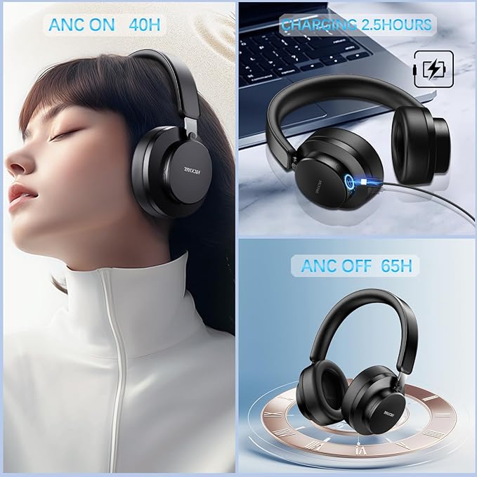 Over Ear Headphones Wireless Bluetooth, Noise Cancelling Headphones Bluetooth with Microphone, Cancelling Wireless Headphone Over Ear, 65h Playtime, Clear Calls, Comfort Fit For Travel (Black)