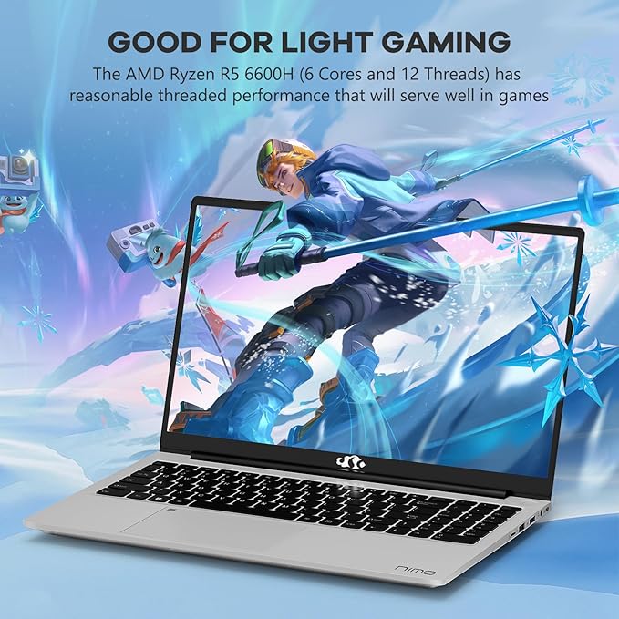 NIMO 15.6" IPS FHD-Gaming-Laptop, 6 Cores AMD Ryzen 5 6600H 32GB DDR5 RAM 2TB SSD (Beat i7-1165G7 up to 4.5GHz) 660M 6nm GPU-Computer with 100W Type-C Backlit Keyboard, Fingerprint