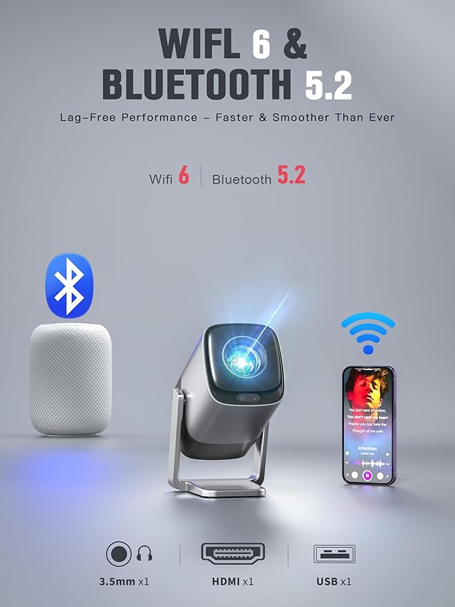 [Compatible with Netflix & TOF Real-time Focus] Mini Projector with WiFi and Bluetooth, XuanPad 1800 ANSI Smart Projector 4K Support, Dolby Audio & Keystone, 210° Rotatable Stand for Home
