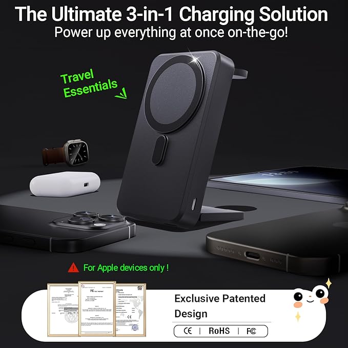 3-in-1 Portable Charger, 10000mAh Foldable Power Bank Fast Charging,MagSafe Charger Battery Pack Magnetic,Travel Wireless Charging Station for iPhone 16/15/14/13/12,iWatch, Air pods, Black