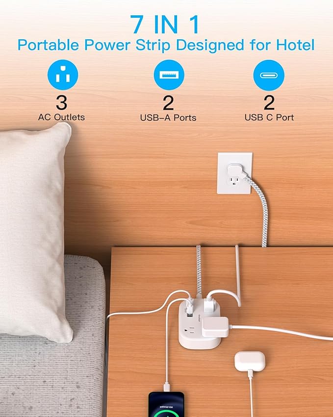 One Beat Cruise Ship Essentials,Travel Power Strip with USB C,Flat Plug Extension Cord with 3 Outlets 4 USB Ports(2 USB C),3 ft Desk Wall Outlet Extender,Non Surge Protector for Cruise,Dorm Room,ETL