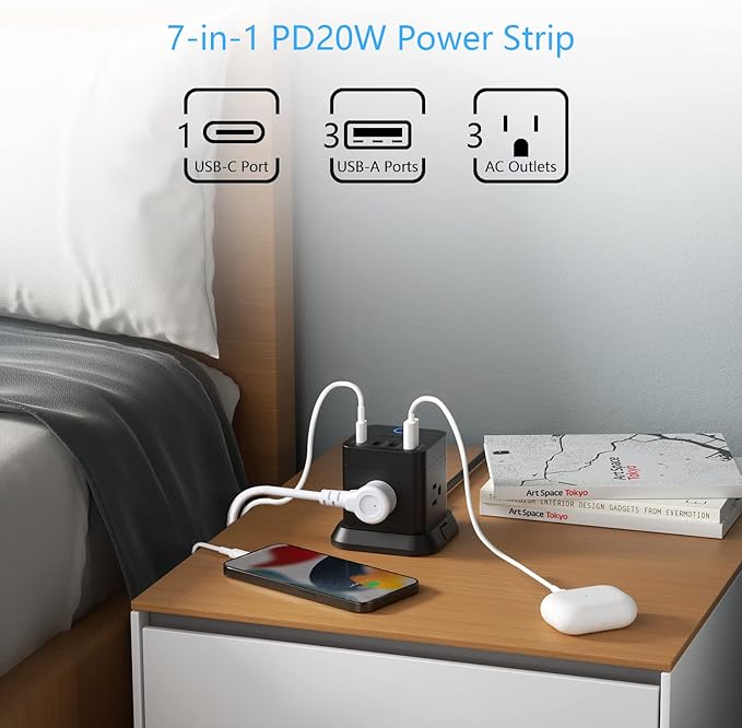 BESTEK Power Strip with USB, Vertical Cube Mountable Power Outlet Extender with 3 Outlets, 3 USB & 1 Type-C PD20W Ports, 5-Foot Extension Cord and Detachable Base for Easy Mounting (Black)