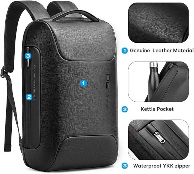 BANGE Black Genuine Leather Laptop Backpack for Men，Anti Theft Business Backpack with USB3.0 Charging Port, Smart Professional Lightweight Travel Backpacks for 15.6 Inch Laptop…