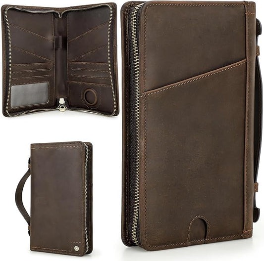Top Grain Leather Travel Passport Wallet Holder Case for Man & Woman, Handmade for 4 Passports & Multi Cards, RFID Blocking Large Capacity for Cards/Passports/Tickets/AirTag, Matte Coffee