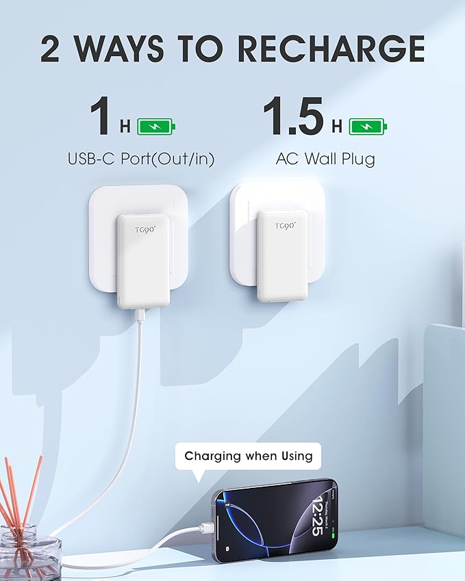 TG90° Portable Charger with Built-in Foldable AC Wall Plug and Cables,5000mAh Slim Power Bank USB C Battery Pack,3 Outputs Pocket Friendly Battery Charger Compatible with iPhone Android Smart Devices