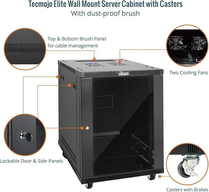 Tecmojo 15U Wall Mount Rack,15U Rack 23.6 Inch Depth,Hold Up to 176 Lbs,Enclosed Wall Mount Rack Kit for 19 Inch Network,Server and AV Gear,Glass Door(Elite Collection)