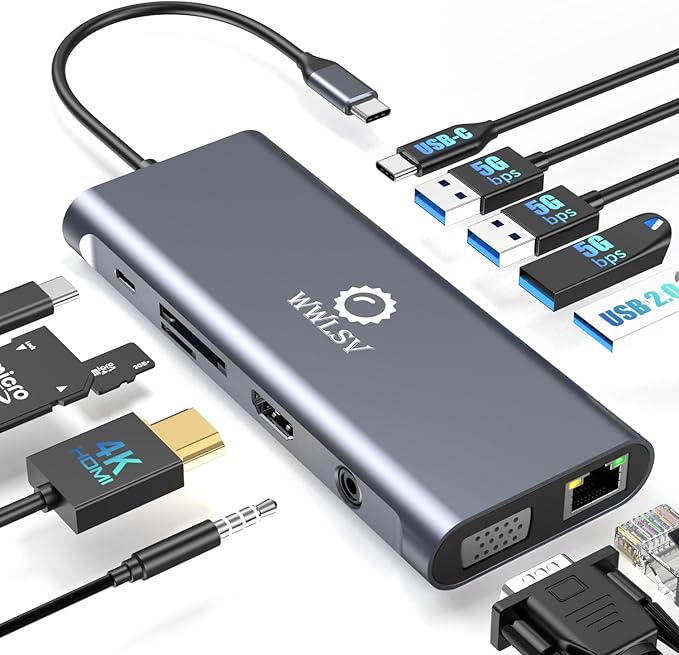 Laptop Docking Station, 12-in-1 USB C Hub – Dual Monitor with 1x 4K@60Hz HDMI, VGA, 100W PD, Ethernet, 3× USB 3.0, USB-C Data Port, SD/TF Card Reader, Audio – Compatible with MacBook, Dell, HP, Lenovo