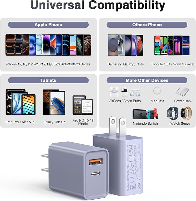 [2 Pack] USB-C Wall Charger, 20W Dual Port QC+PD3.0 Power Adapter, Double Fast Plug Charging Block for Samsung Galaxy S24 S23/S23+/S23Ultra/S22/S22+/S22 FE/Note 20Ultra, iPhone 16/17 Brick Box, Purple