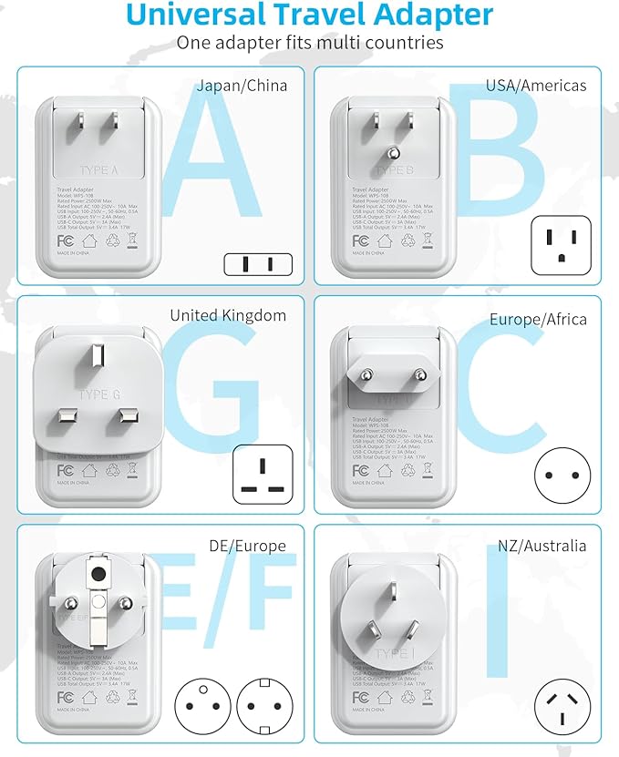 International Power Adapter Set, US to EU/UK/AUS/Japan Universal Travel Adapter- 4 AC Outlets 4 USB Ports (2 USB C), Worldwide Travel Plug Adapter Kit Include Type F/G/I/C/B/A Detachable Charger Plug