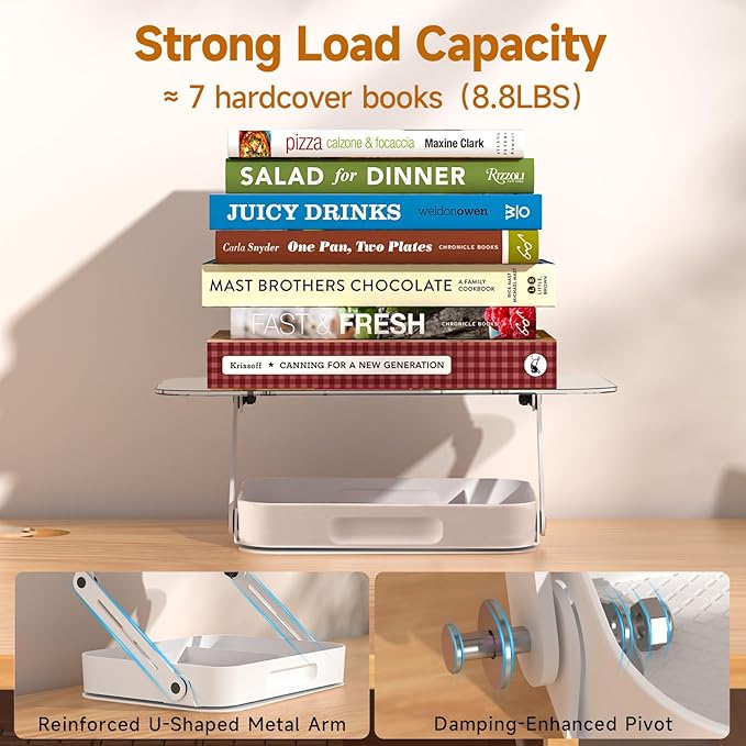ASIEIT Book Stand for Reading, Adjustable Book Holder with 360° Rotating Bases & Elastic Page Clips, Foldable Desktop Riser with Storage, Display Stand for Bible, Laptop, Recipe, Textbook
