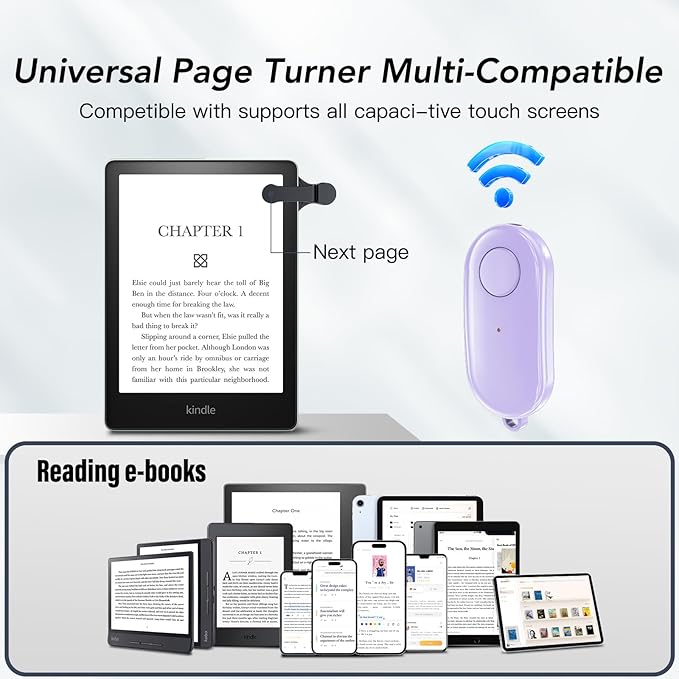 Remote Control Page Turner for Kindle Paperwhite Oasis Kobo eReaders,Kindle Clicker Page Turner Accessories for iPhone,iPad, Android Tablets Reading Novels,Camera Video Record&Shutter Selfie (Purple)