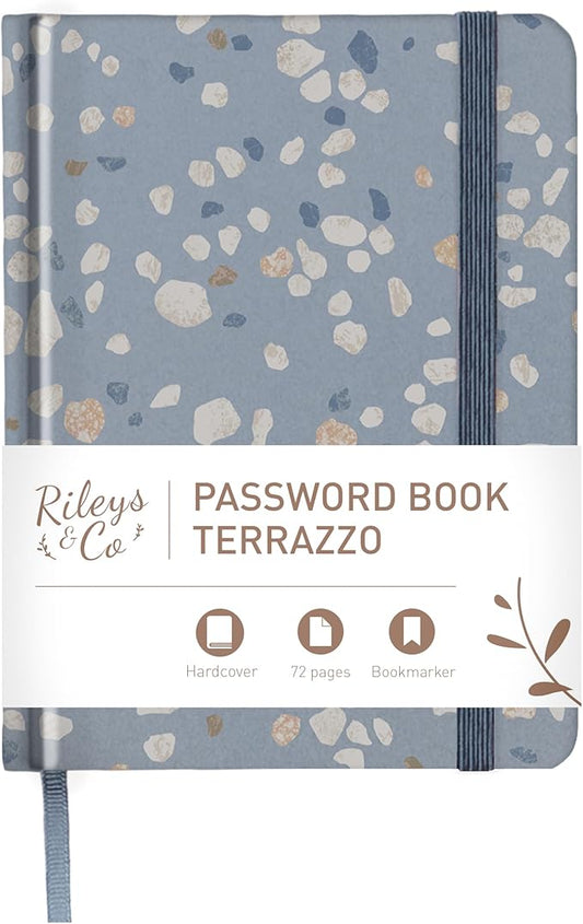 Rileys & Co. Compact Terrazzo Password Book | Alphabetized Tabs, Secure Login Organizer, Internet & Website Username Keeper | Portable and Convenient (Blue, 6 x 5 Inches)