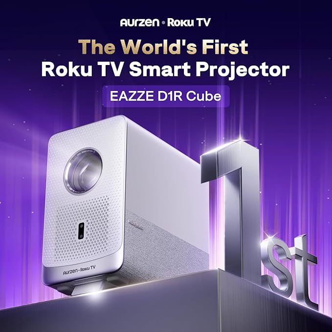 Aurzen Roku TV Smart Projector with Wifi and Bluetooth, Roku Streaming Experience Built-in, Sealed Optical Engine, 1080P FHD, 4K Supported, Dolby Audio, Portable Mini Projector for Home/Outdoor Movies