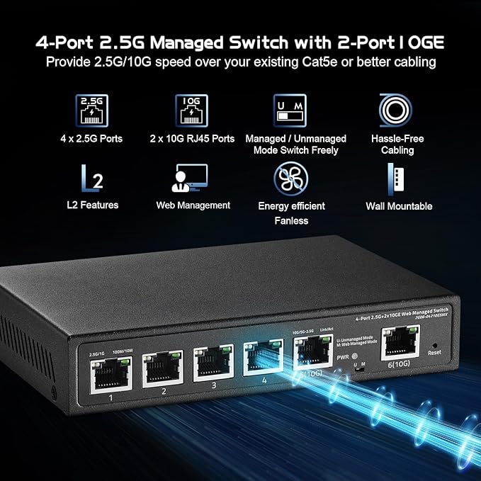 6 Port 10G Switch, 4 x 2.5G RJ-45 Base-T Ports, 2 x 10G RJ-45 Ports, Web Managed/Unmanaged, Metal Fanless Managed Multi-Gigabit Desktop/Wallmount Binardat Network Switch