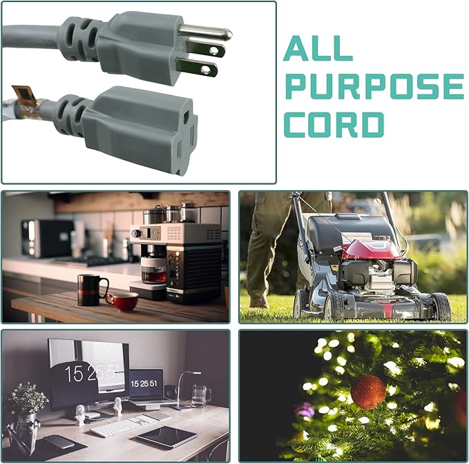 15 Ft Outdoor Extension Cord - 12/3 SJTW Heavy Duty Grey Extension Cable with 3 Prong Grounded Plug - Power Cord for Lawn, Garden, Appliances