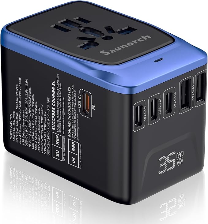 Universal Travel Adapter, PD 35W 7 in 1 International Power Plug Adapter with 7.0A 4 USB-C and 2 USB-A Fast Wall Charger, Worldwide AC Outlet for US Europe UK AUS (Black+Blue)