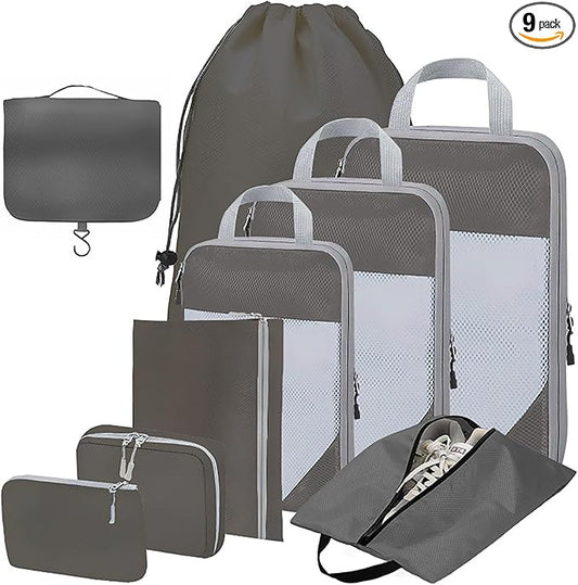 Compression Packing Cubes for Suitcases – 9 Set Travel Luggage Organiser Bags with Mesh Design, Waterproof Ultralight Packing Cubes for Backpack, Clothes & Home Storage (Gray)