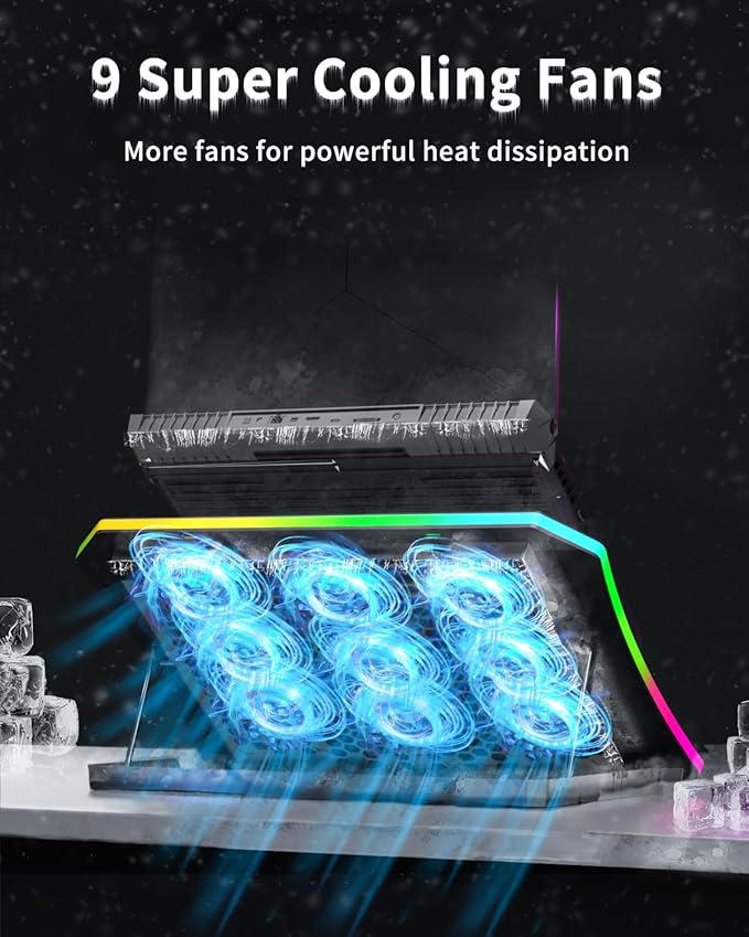 KeiBn Upgraded Gaming Laptop Cooler Pad with 9 Quiet RGB Fans, Cooling Pad for 15.6-17.3 Inch Laptops with 7 Height Stands, 2 USB Ports, Phone Stand-Blue