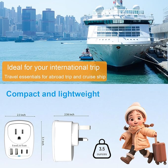 Type G-UK Plug Adapter, VooLerTun England Travel Adapter with 4 USB Ports (2 USB C),1 American Outlet Adapter. US Converter to Ireland Scotland Dubai Hong Kong Travel Essential