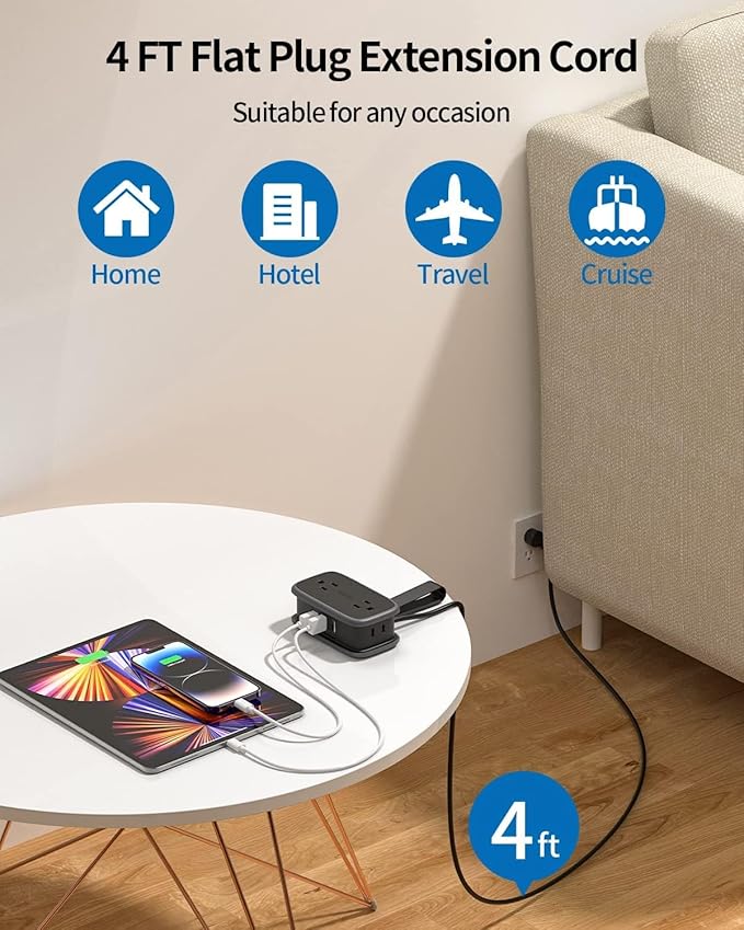 Travel Power Strip with USB Ports, NTONPOWER 4ft Flat Plug Wrapped Around Short Extension Cord with 4 Outlets 3 USB Ports, Compact for Cruise Travel Essential Hotel Home Office, Black