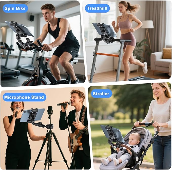 PLDHPRO Tablet Mic Music Holder for iPad Clamp Mount Stand, Microphone Tripod Treadmill Stroller Spin Bike Exercise Handlebar Accessories Compatible iPhone iPad Galaxy Tab 5.1-15.6'' Phones Tablets