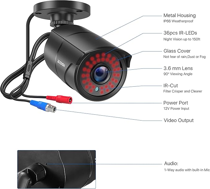 ZOSI 1080p HD-TVI Home Security Camera with Audio,Built-in Mic,Night Vision,1920TVL 2MP Outdoor CCTV Cam Only Compatible with ZOSI 3K Lite Analog DVR