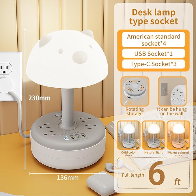 Power Strip Surge Protector with Desk Lamp, 6FT Retractable Extension Cord, 3 Light Modes, 4 AC Outlets, 1 Smart USB-A & 3 USB-C Ports, Portable Power Strip for Home Office Dorm