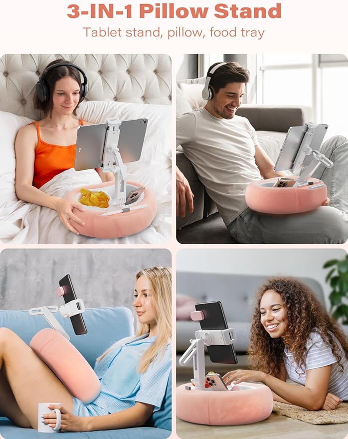 Tablet Kindle Pillow Stand Holder with 2 Trays Fit 4''-13'' Phone/Tablet/Kindle iPad Holder Stand for Bed with Soft Plus Fabric Reading Accessories Gift, Pink
