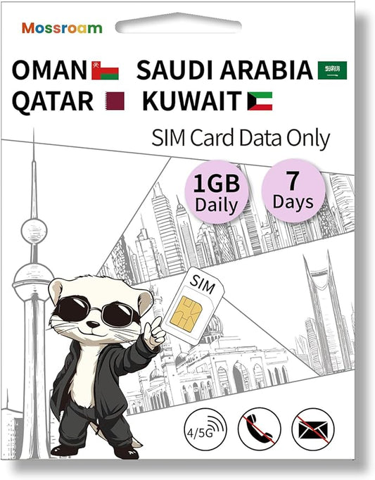 3-in-1 SIM Card for Saudi Arabia, Qatar, Oman, Kuwait – Prepaid Data Plans | Day Pass 1GB Daily Data,7 Days | Unlimited 4/5G Speed Internet