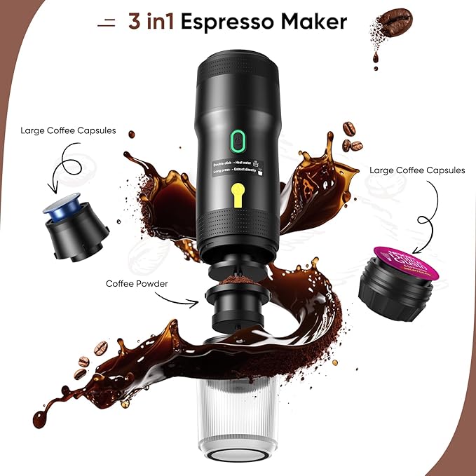 Portable Electric Espresso Machine, Car Self-Heating Coffee Maker with USB-DC, Travel Coffee Machine for Camping, Compatible With NS Capsules & Ground Coffee, Portable Coffee Maker for Hiking, RV,Home