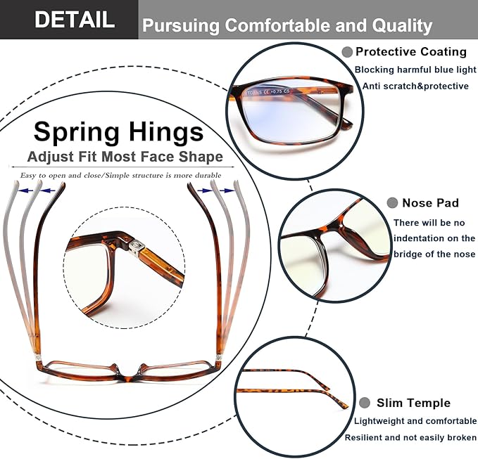 Professional Reading Glasses for Men/Women, Blue Light Blocking Computer Readers with Spring Hinges for Glare and UV Protection