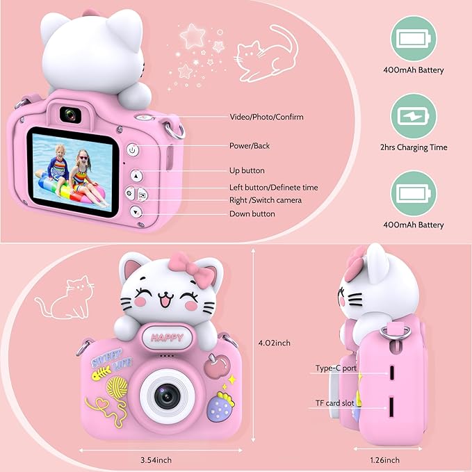 Kids Camera for Girls Age 3-8, Selfie Digital Camera for Kids, Children Toddler Camera for Chritmas Birthday Festival Gifts with Cute Protective Cat Case & 16GB TF Card, Pink