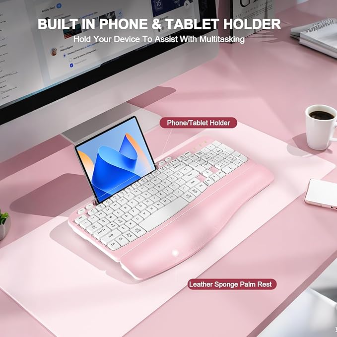Ergonomic Wireless Keyboard with Cushioned Wrist Rest, Wave Keys, Phone Holder, Comfortable Natural Typing, 2.4GHz Full Size Cordless USB Computer Keyboard for Laptop, Mac, Windows (Pink)