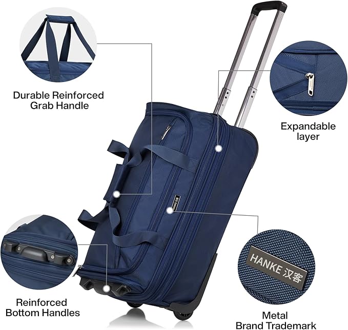 Hanke Expandable Carry On Luggage Suitcases with Wheels Foldable Duffle Bag for Travel Carry On suitcase Weekend Bag for Women Men（Blue）