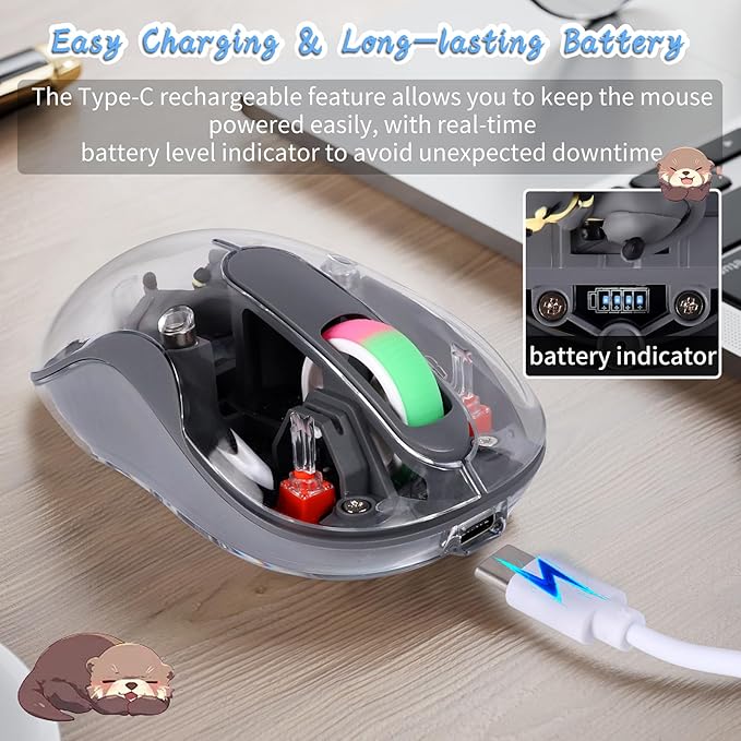 elec Space Cute Wireless USB C Mouse - Bluetooth Triple Mode Rechargeable Cartoon Mouse for Laptops, iPads & MacBook Air/Pro - Silent Operation, Portable Design, Unique Magnetic Character (Grey)