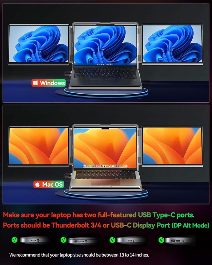 Intehill 4K Laptop Screen Extender, 13.4" Dual Screen Monitor for Laptop, 3840x2400 Anti-Glare Portable IGZO Display, 100% sRGB 500 Nits Brightness Foldable Plug-Play Portable Travel Monitor, LR13U