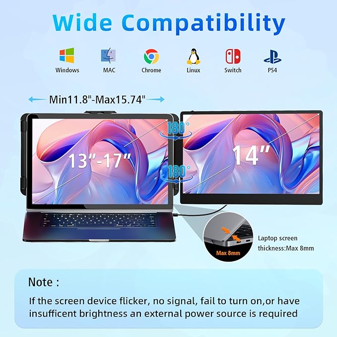 Laptop Screen Extender Travel Monitor - 14" Dual Portable Monitor IPS FHD 1080P Travel Work Extra Screen Plug and Paly USB-C HDMI Port Compatible with Wins Mac Chrome Dex Fits 13-17" Laptops