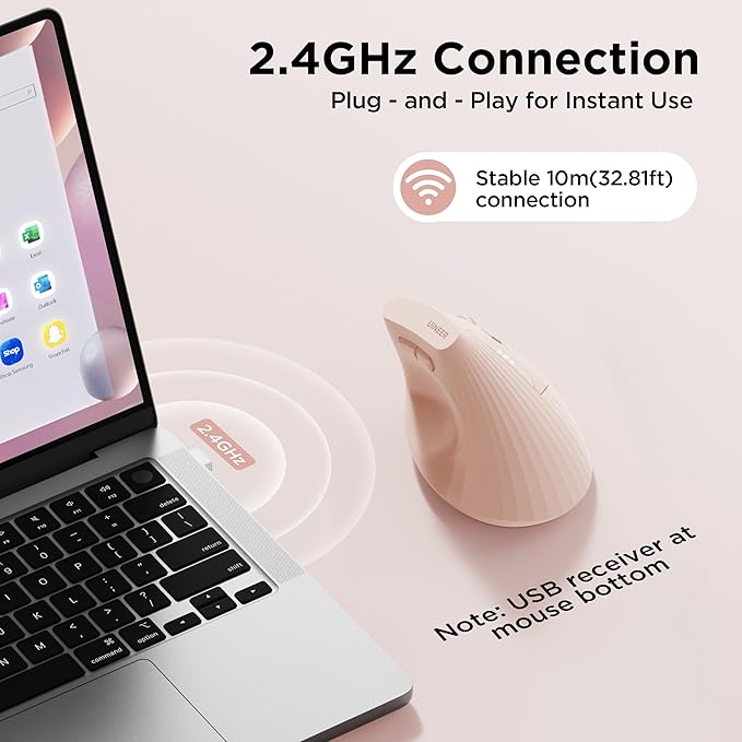 Uineer Vertical Mouse Wireless, 2.4G Rechargeable Mouse with Battery Indicator,4 Level DPI,Ergonomic Design for Comfort and Reduced Wrist Strain, Ideal for Home,Office Use (Pink)