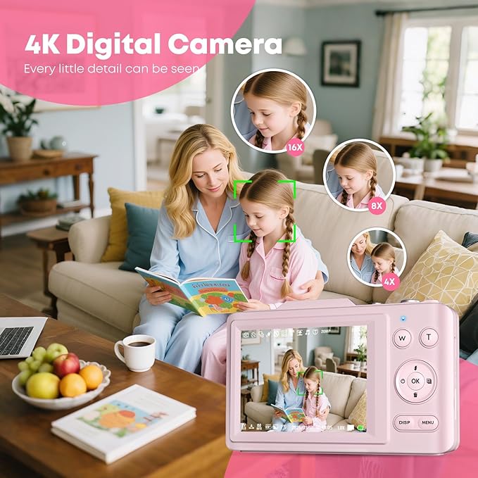 Digital Camera, Autofocus 4K Vlogging Camera for Photography with 64GB Card, Full HD 4K Point and Shoot Camera Portable Compact and Shoot Digital Camera for 16X Zoom, Anti-Shake, for Beginners, Pink