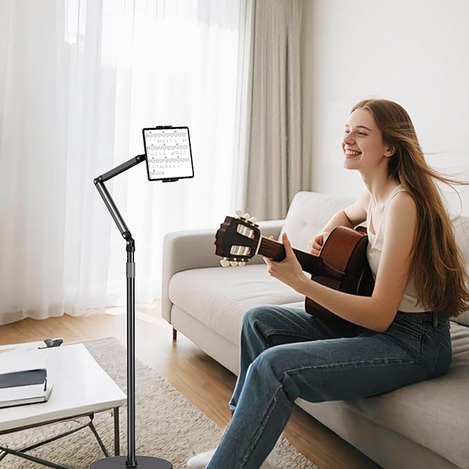Tablet Stand for iPad Floor Phone Stand for Bed, Meeting, Vlogging, Compatible with Kindle, Galaxy Tab, Adjustable Height, Tablet Holder with Ultra-Long Extension Arm, 360° Swivel