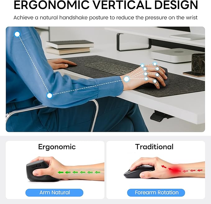 Uineer 2.4G Ergonomic Mouse - Wireless Vertical Computer Mouse with 4 Level Adjustable DPI,Ergonomic Design for S/M Hands, 2.4GHz Wireless Mice for Laptop (Battery Level Visible) ﻿