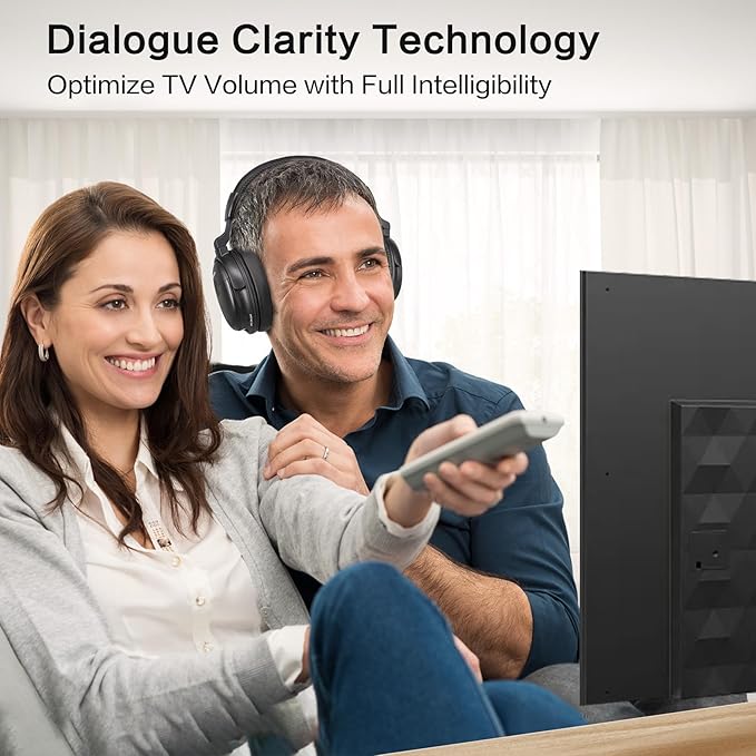SIMOLIO Wireless Headphones for TV with Clear Dialog Mode, Boosted Volume & Spare Battery for Seniors, Comfortable TV Watching w/L/R Balance, by-Pass, Charging/Transmitter Stand 2-in-1, No Pairing