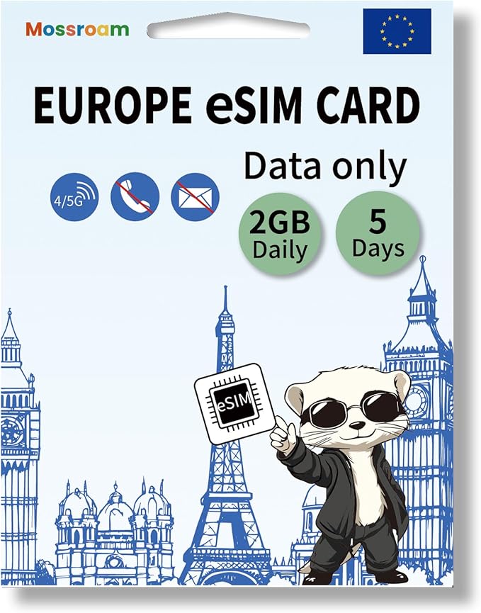 eSIM for Europe Travel,2GB Data/Daily 5 Days at 4G/5G speeds,Data Only eSIM,Use Europe eSIM in UK & 30+ Countries in The EU