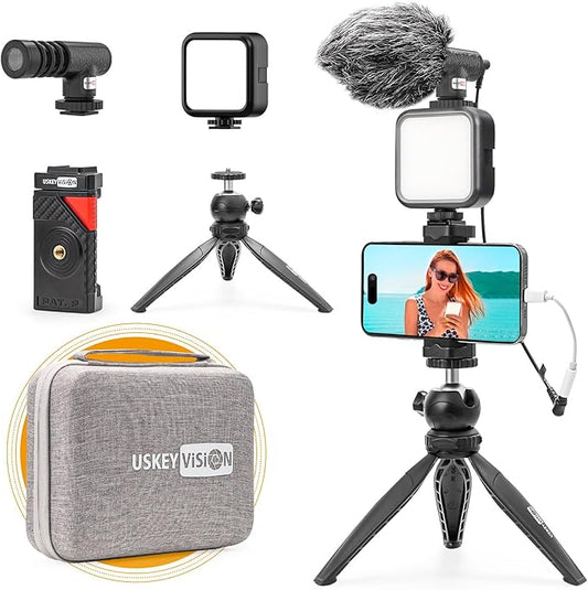 USKEYVISION Smartphone Vlogging Kit for iPhone 16/15/14 Mini/Pro/Max, Android Smartphone Content Creator Kit w/Microphone Light Auto-Switch Phone Clip for YouTube Tiktok Live Steam (Vlog K2)
